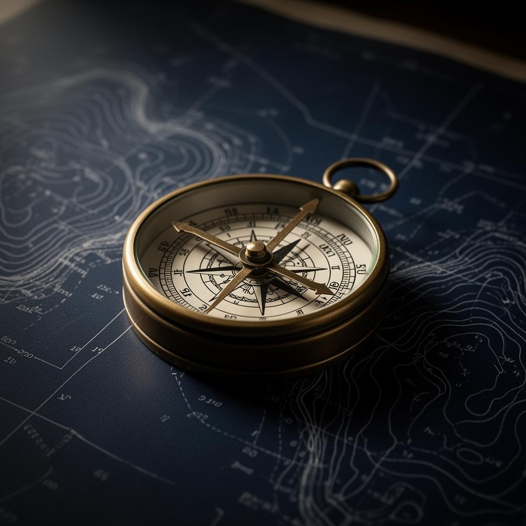 Antique brass compass resting on a navy navigation chart